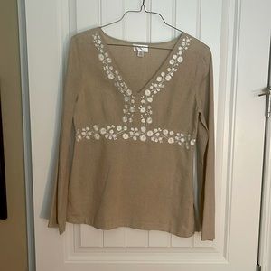 Beige Linen Embroidered Top